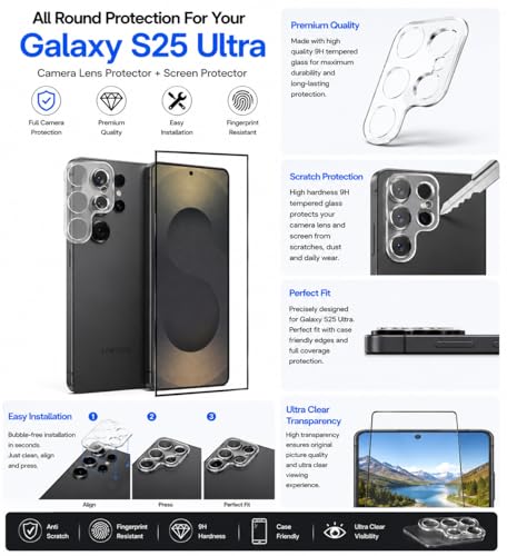 Image of FIRST MART Tempered Glass for Samsung Galaxy S25 Ultra with Clear Camera Lens Protector & Installation Kit | HD Clear, Edge-to-Edge, Scratch Resistant, Case-Friendly | Pack of 1