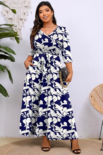 Image of Runwind Plus Size Maxi Dresses - 3 /4 Sleeve V Neck Long Dress for Women (XL-6XL)