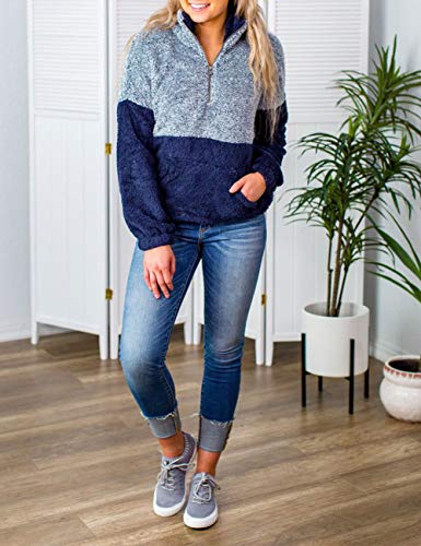 MEROKEETY Women's Long Sleeve Contrast Color Zipper Sherpa Pile Pullover Tops Fleece with Pocket