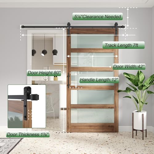 Image of FREDBECK 42 x 80 inch Glass Barn Door with 7FT Barn Door Hardware Kit & Handle Included,5-Panel Frosted Glass,Wood Panel, Water-Proof Surface,Pre-Drilled Holes,Need Assembly