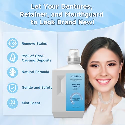 Image of Ultrasonic Retainer Cleaner Solution for Ultrasonic Denture Cleaner-Professional Cleaning of Retainers, Invisible Aligners, Mouth Guards, Night Guards, Remove Odors, Discoloration & Stains 32oz