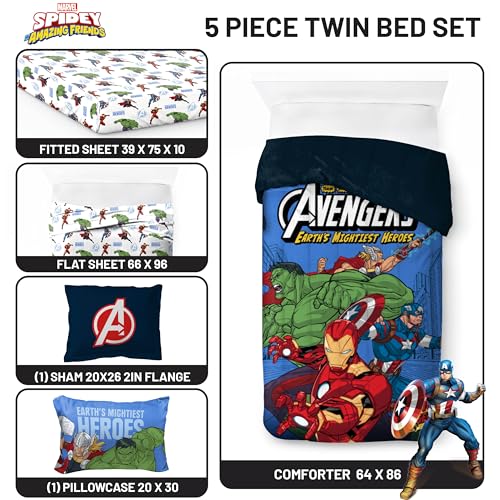 Image of Jay Franco Kids Bed Set, Blue, Avengers, 5 Piece Twin | Cozy Soft Bedding for Stylish Room Decor with Comforter, Sheets & Pillow Covers