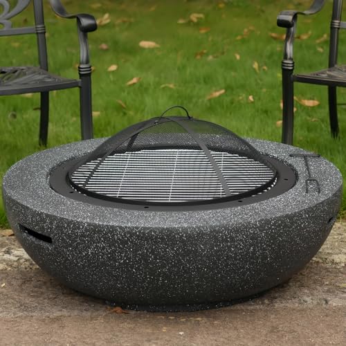 Image of Outdoor Concrete Round Fire Pit,Large Wood Burning Firepit-35 Black | FirePits for Outside ,MGO Cement Material, Barbecue Large grill net,Family S'mores Fun,for Patio Garden Backyard Gatherings