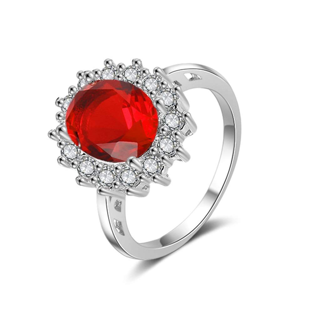 FZO Princess Diana Kate Middleton Class Gemstone Birthstone Sapphire Red Halo AAA Cubic Zirconia Statement Engagement Rings for Women, Anniversary 925 Sterling Silver Promise Rings for Her (Red, 7)