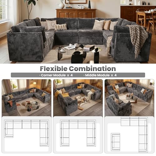 Image of ovios Modular Sectional Sofa Couch with U-Shape Chaise Oversized, Comfy Plush Corduroy Cloud Couches, Modern Luxury Deep Seat Sofas Set for Living Room, 8-Seater, Grey