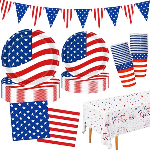 4th of July Decorations Patriotic Party Supplies Disposable Plates Napkins Cups Tablecloth and American Flag Pennant Decor for Fourth of July Independence Veterans Election Memorial Day Serve 25