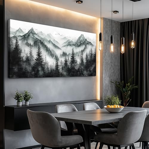KELIYUAN Wall Decor Large Canvas Painting Wall Art For Bedroom Living Room Decor Black And White Foggy Forest Mountain Ink Landscape Paint Art Print Picture For office Dining Room Mural 30x60 In