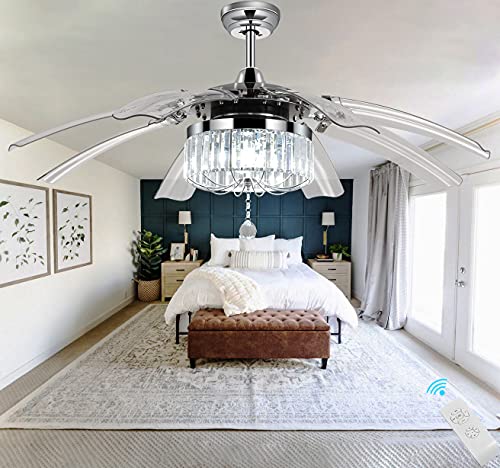 48inch Modern Crystal Ceiling Fan Indoor with Lights, Remote Control Fandelier, Retractable Ceiling Fan and Light Bedroom Dining Room Light Ceiling Fan Chandelier Light Fxitures