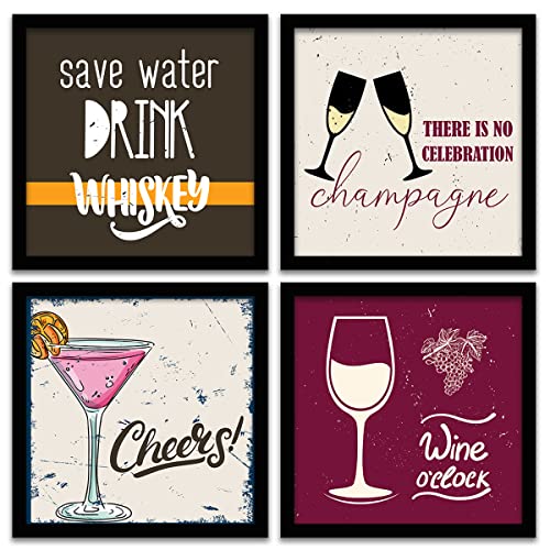 Image of kotart - Framed Wall Posters for Bar Kitchen Restaurant Wall Decor - Bar Theme Frames - Framed Posters for Kitchen Wall Decor (11 x 11 inch, Framed) Set of 4 (Art 14, Small)