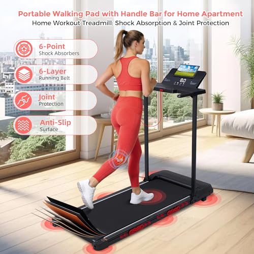 Image of Walking Pad with Handle Bar, 3.5HP Electric Portable Walking Pad Treadmill with Handles, 0.6-10MPH Running Treadmill with Handles for Home Small, Big Screen, 400LBS Capacity