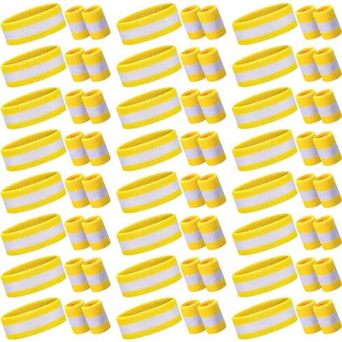 Image of 72 Pcs Bulk Striped Sweatband Set Include 24 Pcs Sweat Absorbing Striped Headbands and 48 Pcs Sweatbands Wristbands Cotton Athletic Sweat Bands for Men Women Gym Sports Workout