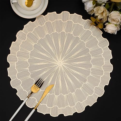 Image of Yellow Weaves 1 Pc PVC Round Table Placemat, Dining Table Mat, Stain Resistant, Anti-Skid, Waterproof, Washable, Dining, Kitchen, Restaurant Table Set Easy to Clean, Durable (Sunburst Golden)