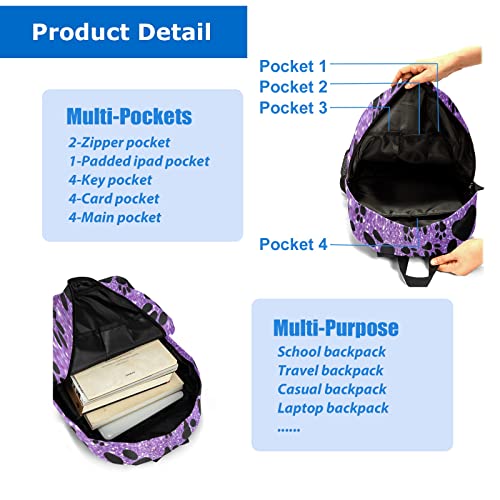 Dog Paw Purple Glitter Print Personalized Backpack Custom Text Unisex Bookbag for Boy Girl Travel Daypack Bag Purse 17.7 IN(CBR3040)4