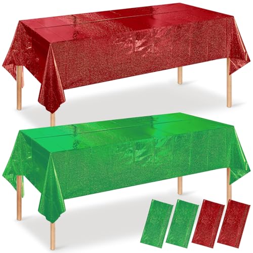 4 Pack Iridescent Red and Green Plastic Tablecloth 54x108 Inch Holographic Laser Disposable Table Cover Rectangle Red and Green Table Cloth for Christmas Holiday Birthday Party Decorations
