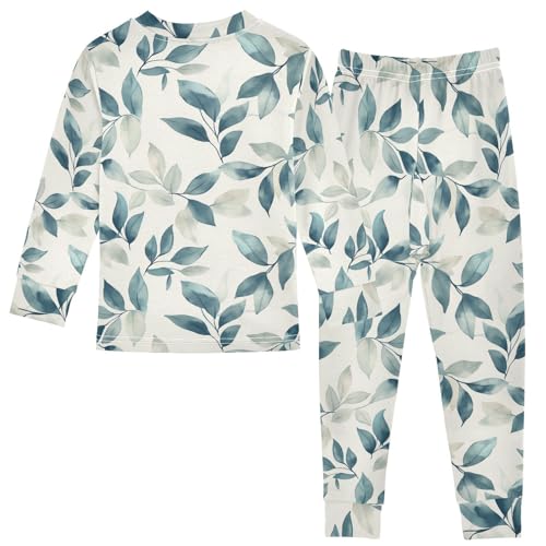 Fustylead Watercolor Teal and Gray Leaves Pajamas Cotton Sleepover PJ Set Long Sleeve Lounge Wear2