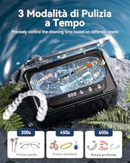 Pulitore Ultrasuoni, Ultrasonic Cleaner da 47KHz, Pulitore Ultrasuoni Apparecchio Denti 330ml Portatile con 3 Modalità da Pulitore Ultrasuoni Gioielli per Occhiali, Gioielli, Protesi Dentarie, Anelli