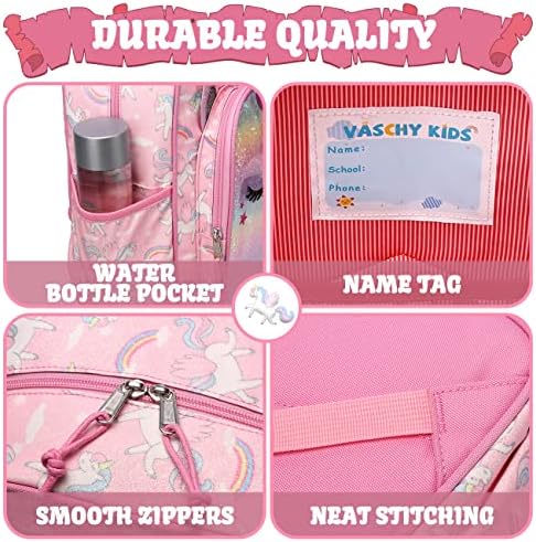 VASCHY Girls Backpack, 11.5L Lightweight School Bag for Kids Water Resistant Toddler Backpack with Reflective Chest Strap Children's Rucksack with Bottle Pockets for Kindergarten(Rainbow Unicorn)
