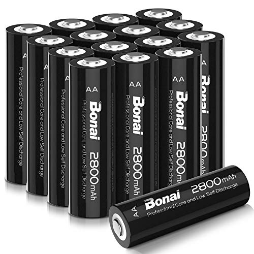 BONAI Lot 16 AA Piles Rechargeables 2800mAh Accu AA LR6 Ni-MH 1,2V Grande Capacité, Batterie Rechargeable 1200 Cycles - Faible Auto-décharge