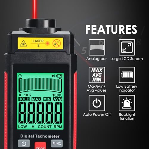 Berührungsloser Drehzahlmesser mit Reflexionsband, Hochpräziser Digitaler Laser Tachometer (10–99.999 U/min) mit Großem LCD Display, Hintergrundbeleuchtung Sowie Max/Min/AVG Funktion und Data Hold