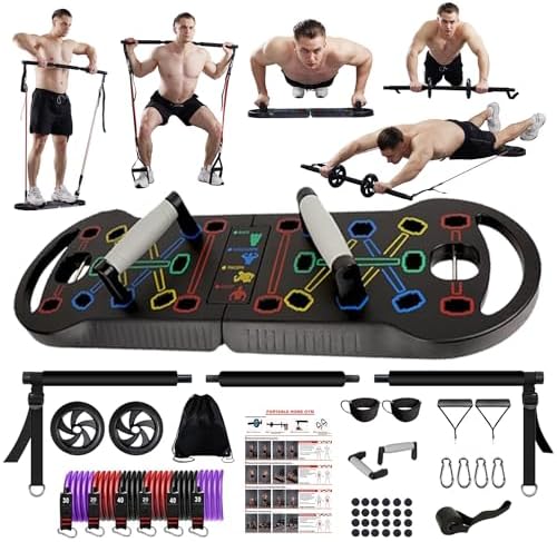 Utimate Portable Home Gym,Collapsible Push Up Board Fitness,Resistance Band Bar with Ab Roller Whell,Workout Equipment for Men and Women