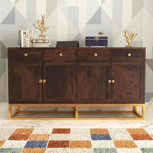 Image of Wooden Sideboard Cabinet for Living Room | Storage Cabinet with Drawers & Doors | Sheesham Wood Buffet Cabinet | Kitchen Cabinet for Home | Walnut Finish | 64 X 15.8 X 31.5 Inches