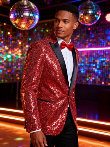 Image of Barry.Wang Mens Sequins Blazer Sparkle Dress Suit Jacket Cocktails Shiny Metallic Disco Dance Party Tuxedo Homecoming