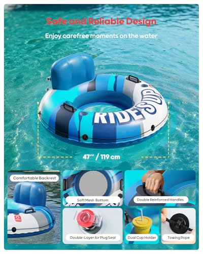 Image of QPAU Inflatable River Tube, 0.4 mm Thickened Puncture-Resistant Heavy Duty River Float, River Raft with Ergonomic Backrest, Mesh Bottom & 2 Cup Holders for Adults and Friends Lake Float
