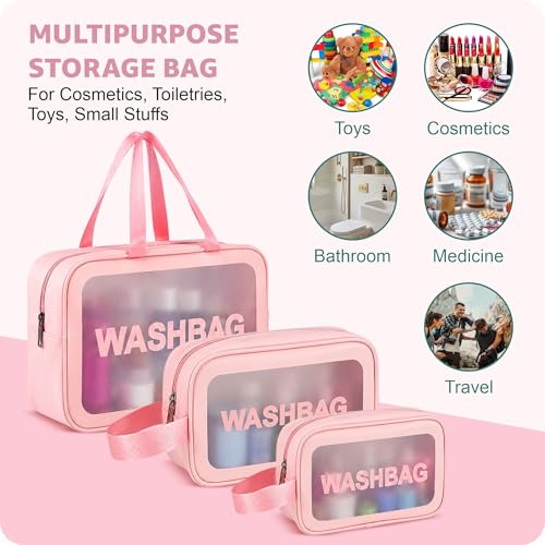 Image of FLYNGO Pvc Clear Makeup Pouch Set, Cosmetic Organizer Bag for Women and Girls Travel Waterproof Toiletry Storage Kit (Set of 3 Light Pink)