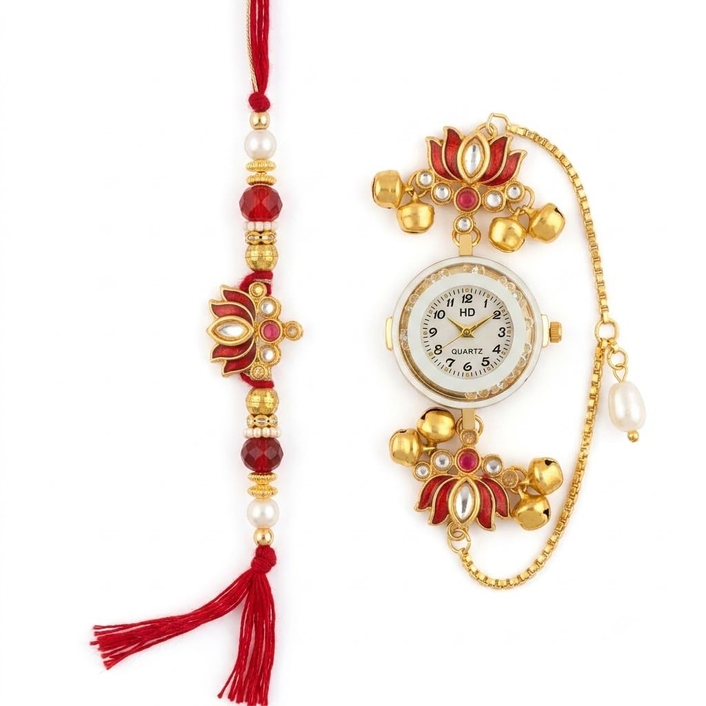 MAHALAXMI GIFTS Lotus Pearl & Bracelet Set for Brother | Designer Kundan Rakhi with Pearl Bracelet | Watch Handmade Raksha Bandhan Gift | Traditional-image-19
