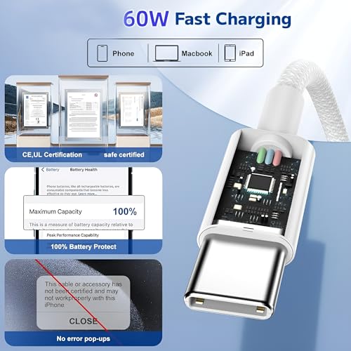 Image of iPhone 60W Fast Charger Braided Cable for iPhone 15 /15 Plus /15 Pro Max, MacBook, Samsung S24 ultra /S24 Plus /S23 /S22 /S23 Fe 5G,S21 fe, Nothing 2a /2, Galaxy Tab /Pad, USB C 60 w Charging Cord, White