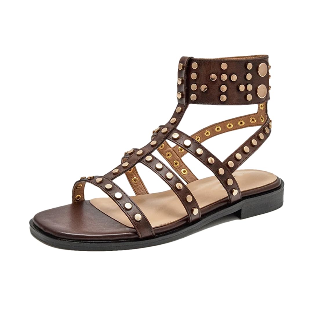 Sandalias de gladiador con correa de hebilla y correa al tobillo para mujer, tacón cuadrado, lado abierto, estilo gladiador, piel de vaca, detalle de remaches, estilo romano casual