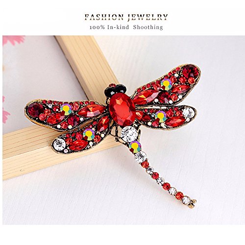 Aochee Multi-Colors Wing Dragonfly Brooch Pin Austrian Crystal Rhinestone Dragonfly Necklace Jewelry (Red) #TOP5