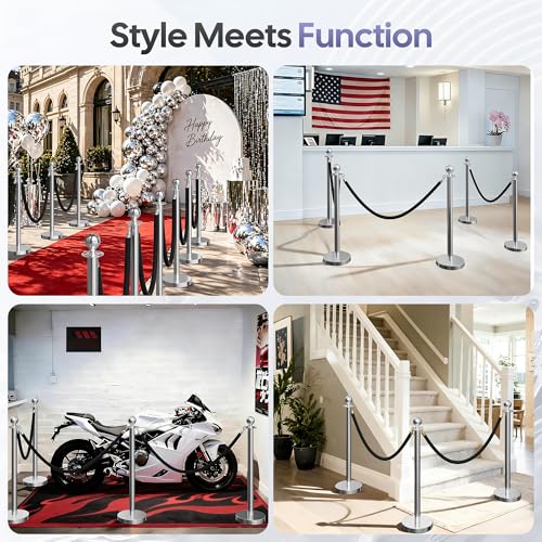 Image of 6 Pack Silver Stanchions and Velvet Ropes Set, Stainless Steel Crowd Control Barriers, 3Pcs Black Ropes and Poles for Party Supplies,Photobooth Accessories,Prom,Birthday,Business,Wedding, Museums