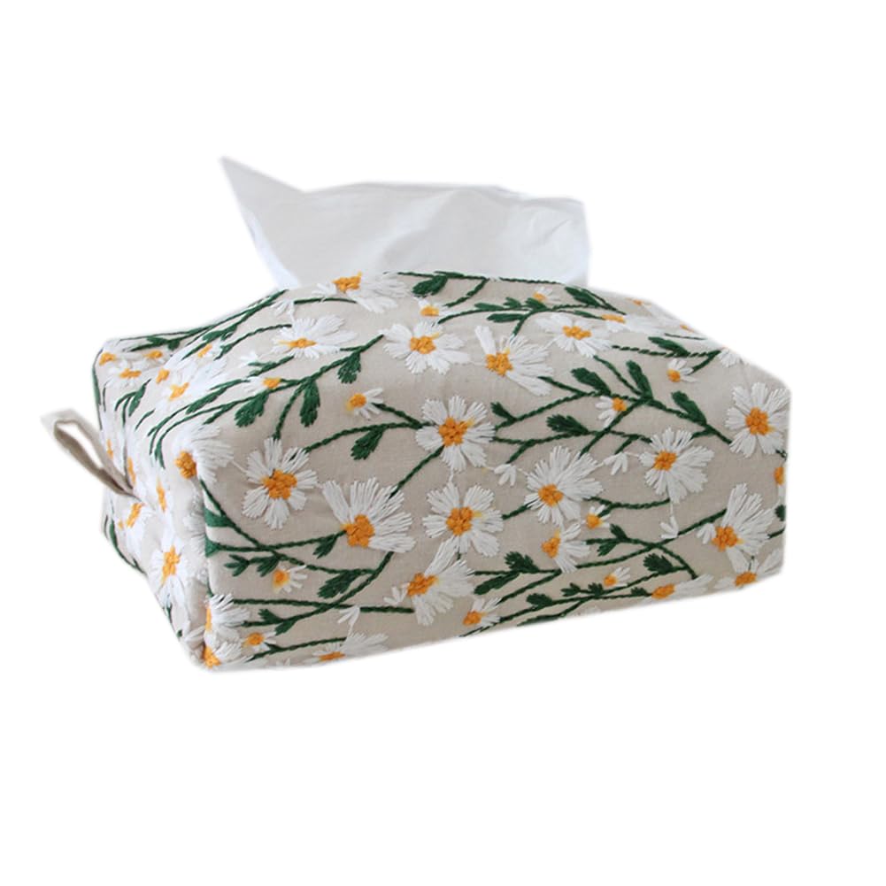 Qinqin Store Girls White Floral Cotton Linen Cloth Tissue Box Cover Simple Hangable Tissue Box Case Bathroom Living Room Decorative Tissue Holders (, 17×11×7.5Cm/6.69"×4.33"×2.95")