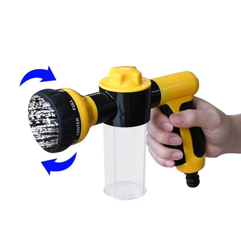 Armo® Wielofunkcyjny pistolet natryskowy do węża ogrodowego z 8 trybami regulacji, wbudowany dozownik mydła do mycia samochodu, ogrodnictwa, trawnika, roślin, zwierząt domowych (żółty)