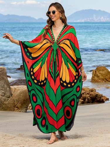 Image of IMAGEKOPE Women's Plus Size Animal Print V-Neck Batwing Kaftan Beach Dress Bathing Suit Cover-Up Loungewear
