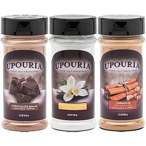 Upouria Coffee Topping Variety Pack - Chocolate, Cinnamon with Brown Sugar, and French Vanilla, 5.5 Ounce Shakeable Topping Jars - (Pack of 3) Cover