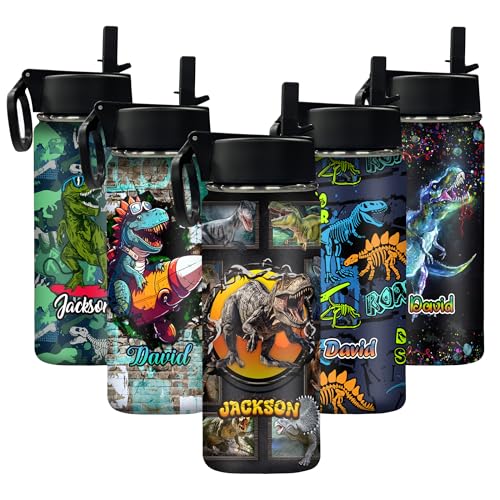 Image of InterestPrint Personalized Children Name Water Bottles with Straw Lid, Customized Dinosaur Insulated Stainless Steel Waterbottle with Name, Travel Cup for Boys School Holiday