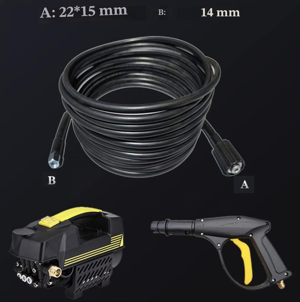 YUET Tubo di ricambio per idropulitrice ad alta pressione, 5 m, per lavaggio auto, pulizia giardino, M14 x M22 (15 mm), connettore filettato per acqua e tubo di scarico, 4,9 m