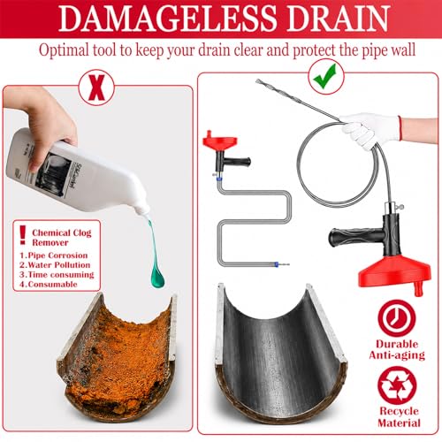 Drain Snake Auger 33 Ft, Plumbing Snake Drain Hair Clog Removal Tool, Heavy Duty Snake Auger, Sink Unclogger Drain Cleaner Tool for Bathroom Kitchen Tub Shower Drain Clog Remover with Gloves, Red by FCZMO - Used condition - Image 7