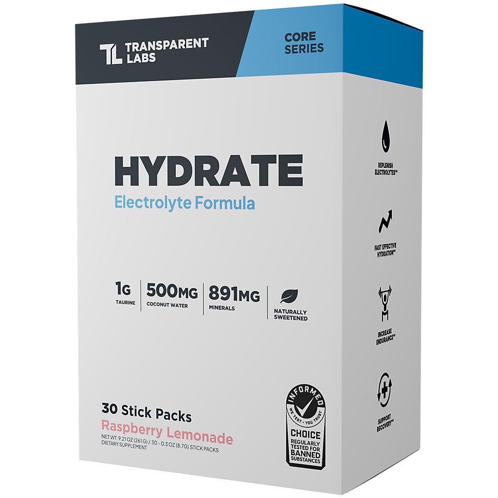 Transparent Labs Hydrate Electrolyte Formula - 500 mg Coconut Water - Raspberry Lemonade (30 Stick Packs)