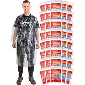 40 Pack Disposable Rain Ponchos for Adults Disposable Ponchos Pack with Drawstring Hood Elastic Sleeves Raincoat for Camping