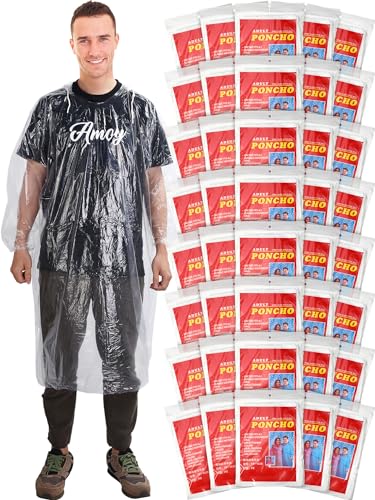 40 Pack Disposable Rain Ponchos for Adults Disposable Ponchos Pack with Drawstring Hood Elastic Sleeves Raincoat for Camping