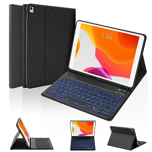 Image of SOPPY 7-Color Keyboard Case for iPad 9th Gen 2021, 8th Gen 2020, 7th Gen 2019 10.2 inch, Air 3 & Pro 10.5 inch, Detachable Wireless Keyboard with Backlight, Slim Protective Cover, Rechargeable, Black