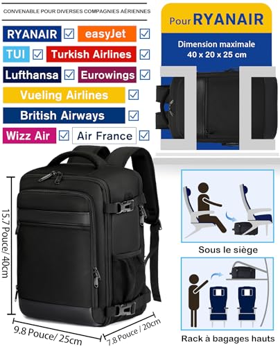 KLOSTAIN Sac a Dos Voyage Cabine Avion 40x20x25 Bagage Cabine pour Ryanair 20 L Femme Homme sous Siège Bagage à Main Petit Sac à Dos pour Ordinateur Portable 14 Pouces Noir – Image 2