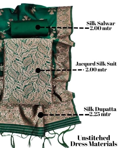 Image of Women Banarsi Silk Unstiched Suit Piece Dress Material for Women Unstiched Suit Salwar with Dupatta (suit -2M.Salwar-2M and dupatta-2.25M) (Green)
