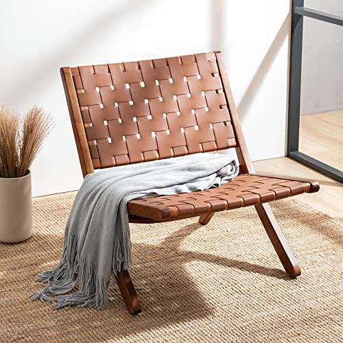 LUE BONA Folding Woven Faux Leather Accent Chair, Cognac Leather and Brown Wood, Midcentury Modern Lounge Chair, Scandinavian Rattan Low Chair for Living Room, Bedroom, Patio, Balcony LUE BONA Folding Woven Faux Leather Accent Chair, Cognac Leather and Brown Wood, Midcentury Modern Lounge Chair, Scandinavian Rattan Low Chair for Living Room, Bedroom, Patio, Balcony