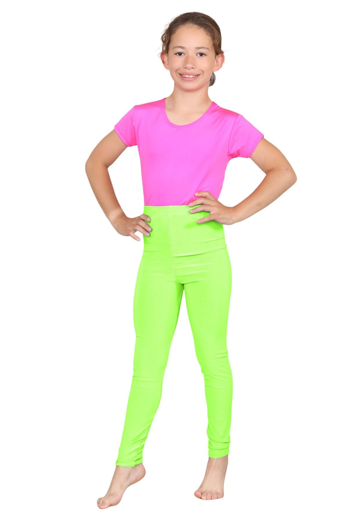 janisramone® Kids Leggings Microfiber Soft Gym Leggings Unisex Plain Skinny Stretchy Underlayer Dance Girls Tights School Trousers for Girls and Boys Neon Green