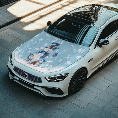 Image of Christmas Snowman Print Car Hood Cover Stretch Polyester Car Hood Cover Waterproof Automotive Accessories Suitable Most Automotive Sedans Trucks Pickup Sports Cars