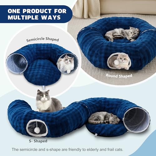 Image of Bubble Cat Tunnel for Indoor Cats, Round Peekaboo Cave Toy with Dangling Balls, Donut Tunnel Bed with Circle Mat for Puppy Kitten Rabbit, Navy Blue